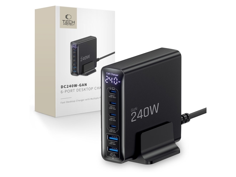 Tech-Protect Tech-Protect Dc240w-Gan Desktop-Ladegerät 6-Port Pd 240W / Qc3.0 Schwarz