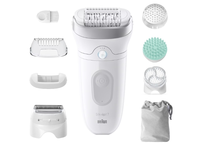 Braun Silk-épil 7 Silk·épil 7 SkinSpa 7-081, Hvid, 40 pincetter, MicroGrip, Epilering, Eksfoliering, Barbering, Batteri, 100 - 240 V