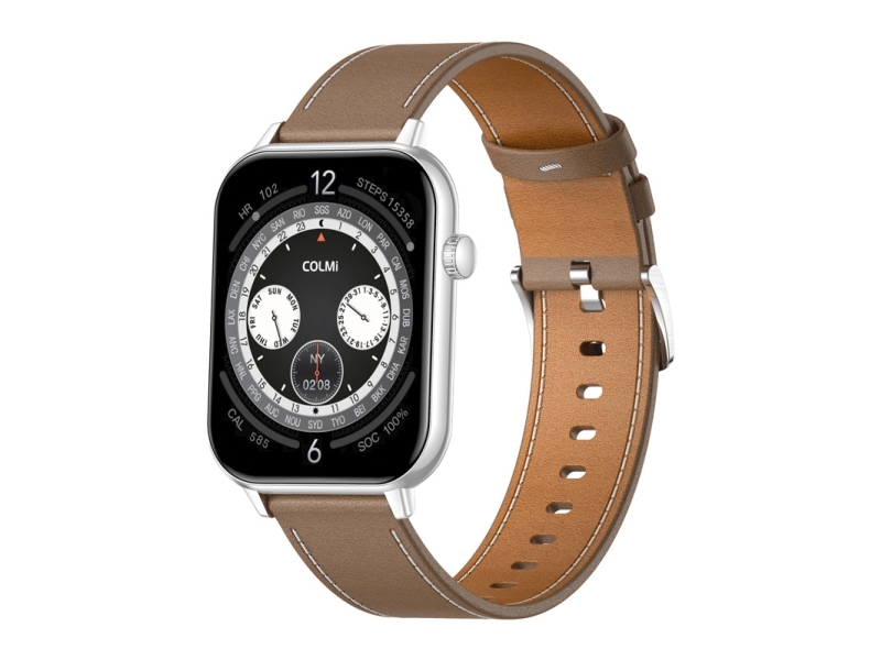 Colmi C28 Smartwatch – Silber + Braunes Lederarmband