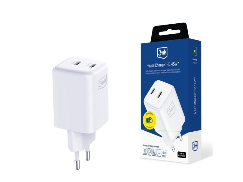 3Mk Hyper Charger Pd45w Gan Qc4+ Pps 2C Super-Fast Charge 2.0 Hvid