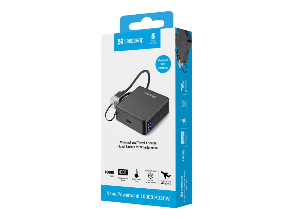 Sandberg Nano - Powerbank - 10000 mAh - 37 Wh - 20 Watt - PD (USB-C)