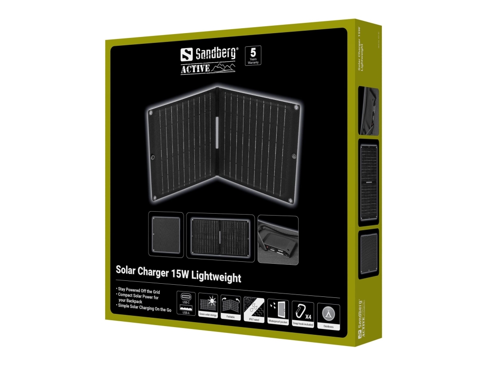 Sandberg - Sollader - lightweight - 15 Watt - 2 A - 2 output-stikforbindelser (USB, USB-C)