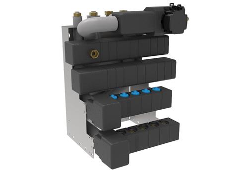 Wavin Calefa isoleret bundmodul højrevendt med 9 afgr. koldtvand, 6 afgr. varmtvand og 8 afgr. Comfia gulvvarmekredse. Grundfos UPM3 Auto 15-70 pumpe.