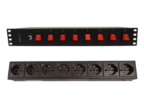 Techly I-CASE STRIP-815I, 1.5U, Vandret, Sort, 8 AC stikkontakt(er), Type F, Type F