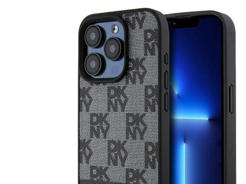 Apple Iphone 15 Pro Dkny Lederhülle Mit Karomuster (Mono) & Bedruckten Streifen (Dkhcp15lpcptssk) Schwarz