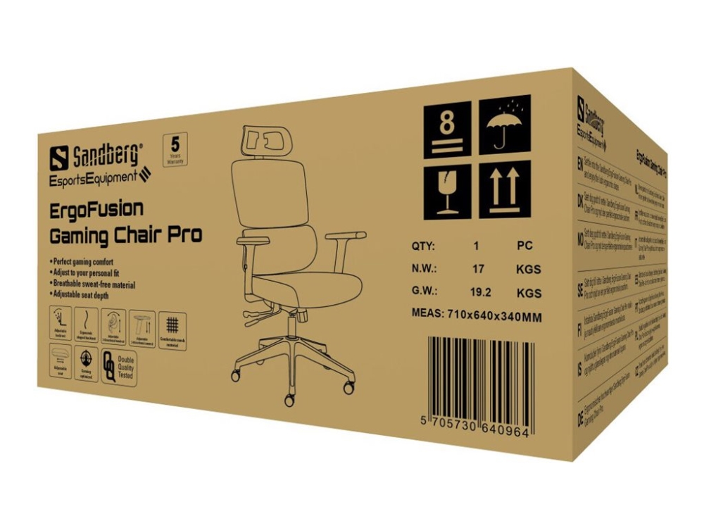 Sandberg ErgoFusion Pro - Spillestol - ergonomisk - armstøtter - T-formet - vippe - drejeled - netstof, tekstil