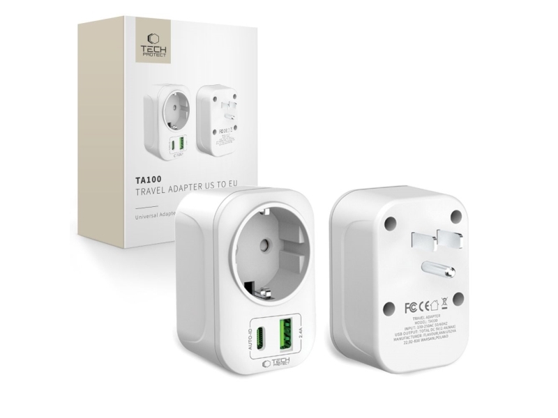 Tech-Protect Ta100 Reiseadapter Us Auf Eu Weiß