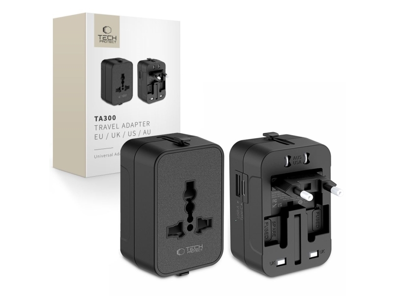 Tech-Protect Ta300 Reiseadapter Eu/Uk/Us/Au Schwarz