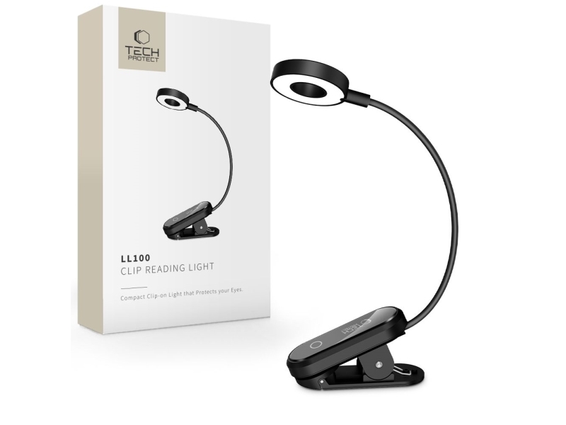 Tech-Protect LL100 trådløs bordlampe med klemme + USB-A/USB-C kabel 30 cm - sort