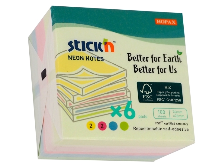 Notizblock Fsc 76X76 100 Blätter 6 Stk. Assortierte Neon-Kartonumschläge