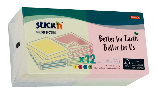 Notepad Fsc 76X76 100 Ark 12 Pakker Assorteret Neon Kartonomslag