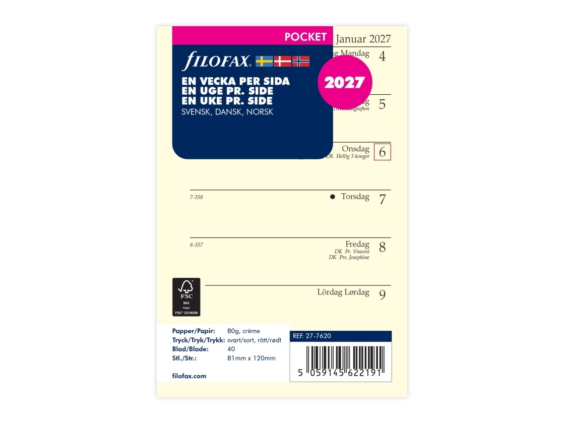 Refill Pocket 2027 Viikko per sivu ruotsi/tanska/norja