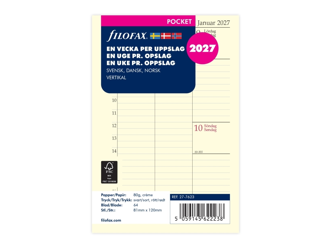 Refill Pocket 2027 Week Per Spread Vertical Ruotsin/Tanskan/Norjan kieli vertikaalinen