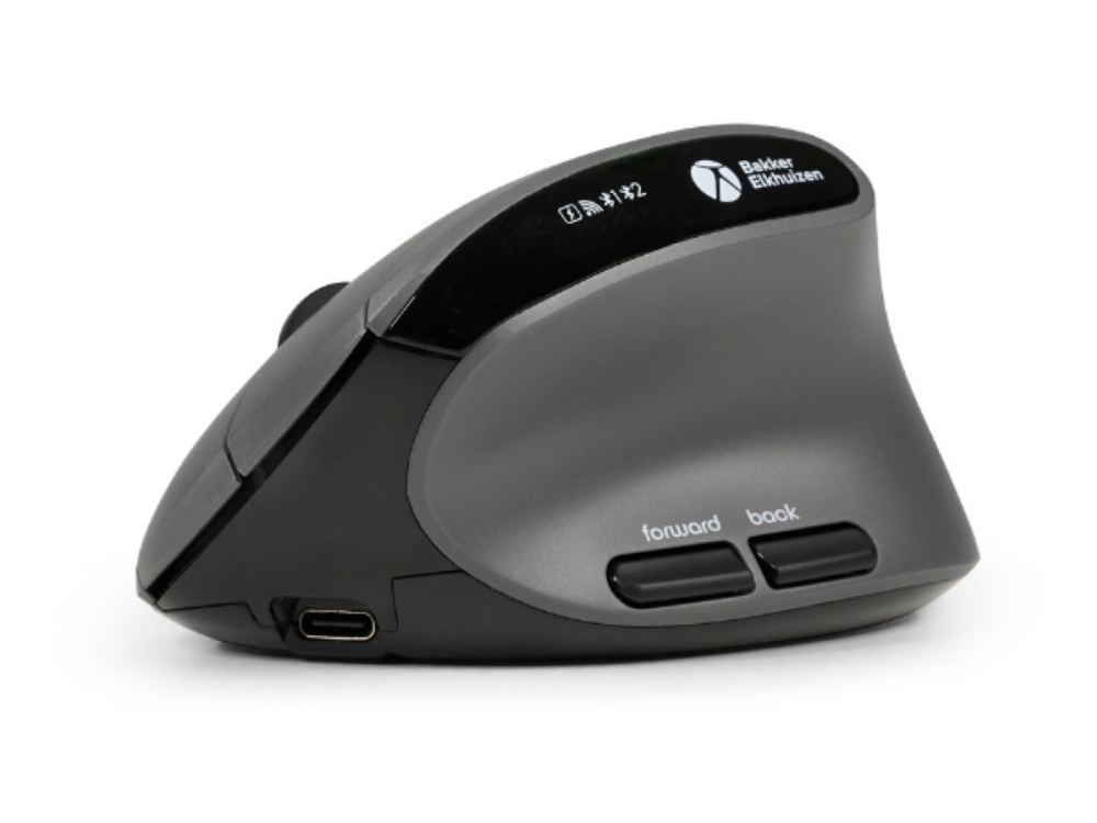 Bakkerelkhuizen Midway Mouse Right, Rechts, Vertikale Ausführung, Optisch, Rf Wireless + Bluetooth + Usb Type-C, 2400 Dpi, Grau, Schwarz