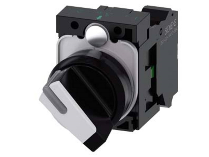 SIEMENS Omskifter, kan blive oplyst, 22 mm, rund, plastik, sort, hvid, kort omskifter, 2 afbryder positioner O-I, latching, 10:30H/13:30H