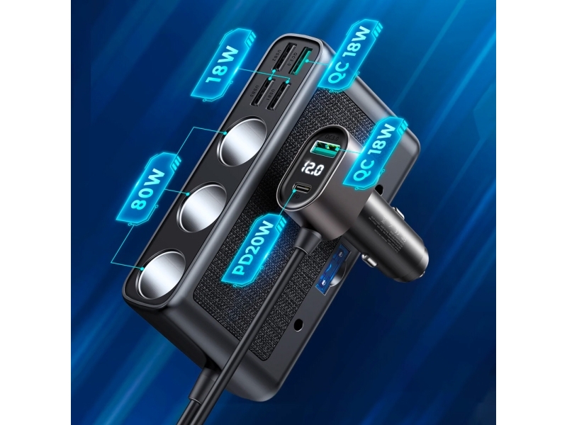 Biloplader Joyroom JR-CL06, 154W, 3A, 4x USB-A + 1x USB-C, 4x extender, sort