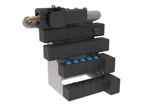 Wavin Calefa isoleret bundmodul venstrevendt med 9 afgr. koldtvand, 6 afgr. varmtvand og 8 afgr. Comfia gulvvarmekredse. Grundfos UPM3 Auto 15-70 pumpe.