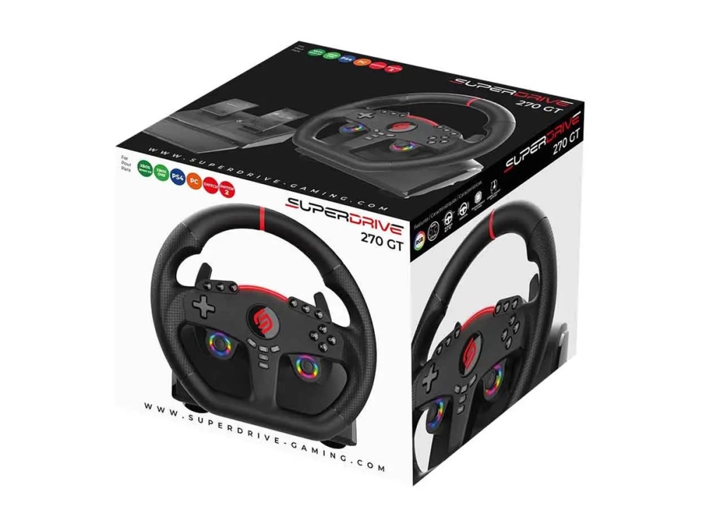 Subsonic Superdrive 270 GT, Steering wheel + Pedals, Nintendo Switch, Nintendo Switch 2, PC, PlayStation 4, Xbox One, Xbox Series S, Xbox Series X, D-pad, Home button, Menu button, Options button, Share button, View button, Multicolour, 270°, Wired