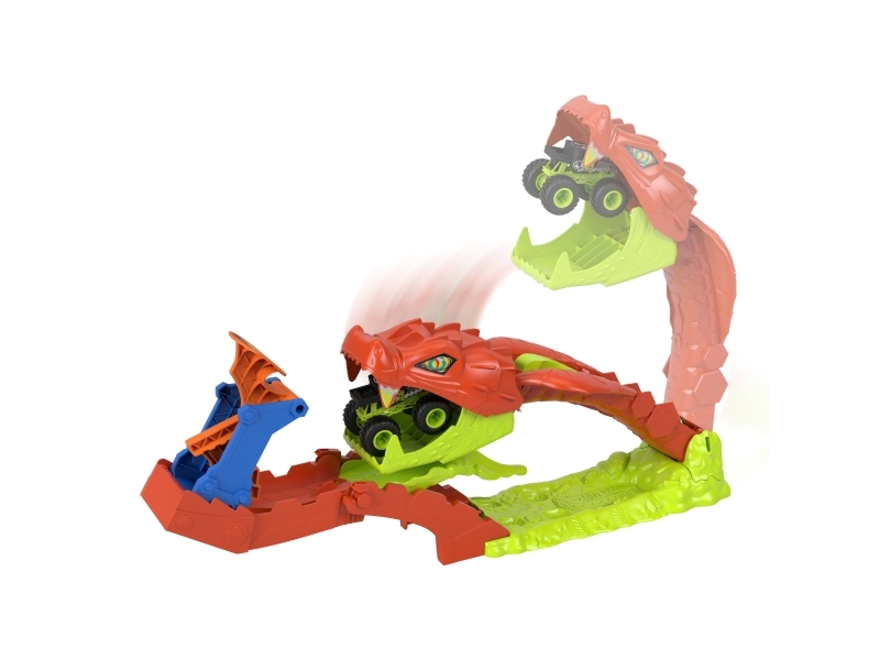 Hot Wheels Monster Trucks Snake Slam Takedown-legesæt med eksklusivt Bone Shaker-køretøj i størrelsesforholdet 1:64, Monstertruck og banesæt, 4 År, Plast, Flerfarvet