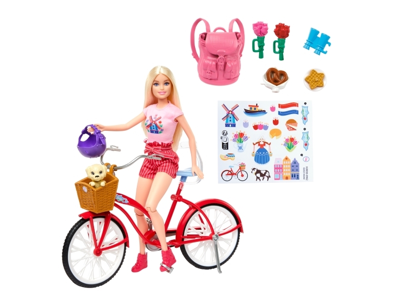 Barbie dukke Mattel Pink Passport på cykel med hund (HWJ00)