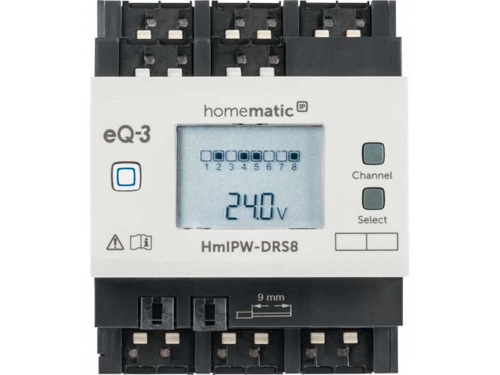 Homematic IP HMIPW-DRS8, Persienne-aktuator, Montert med DIN-skinner, LCD, 8 kanaler, IP20, Sort, Lysegrå