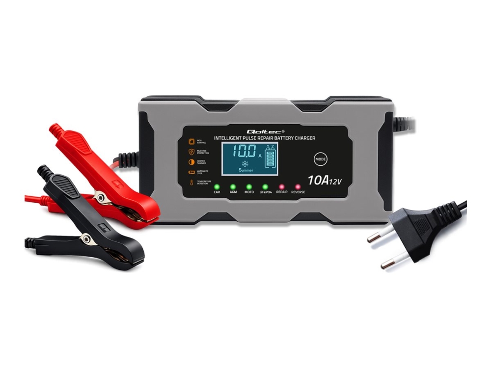 Qoltec Intelligent - Batterioplader - 12 V, ensretter med reparationsfunktion til AGM GEL LiFePO4 batteri | LCD - AC 220-240 V - output-stikforbindelser: 2 - sort, grå
