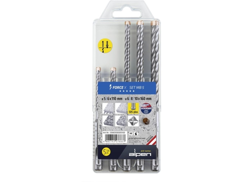 Alpen DS+ FORCE X MB 5 0080500005100 Beton-spiralbor-sæt 5 dele 5 mm, 6 mm, 8 mm, 10 mm SDS-Plus 1 stk
