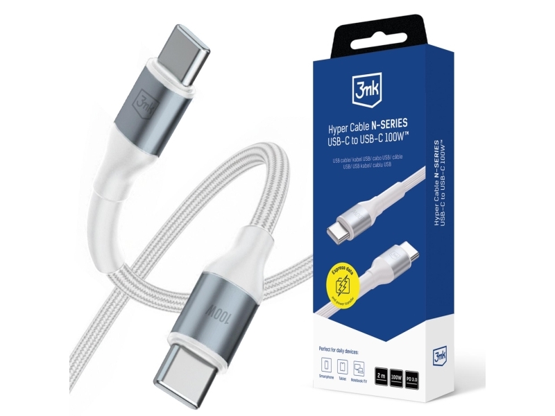 3Mk Hyper Cable N-Series Usb-C Til Usb-C 2 M Pd 3.0 Qc 3.0 20V/5A 100W White