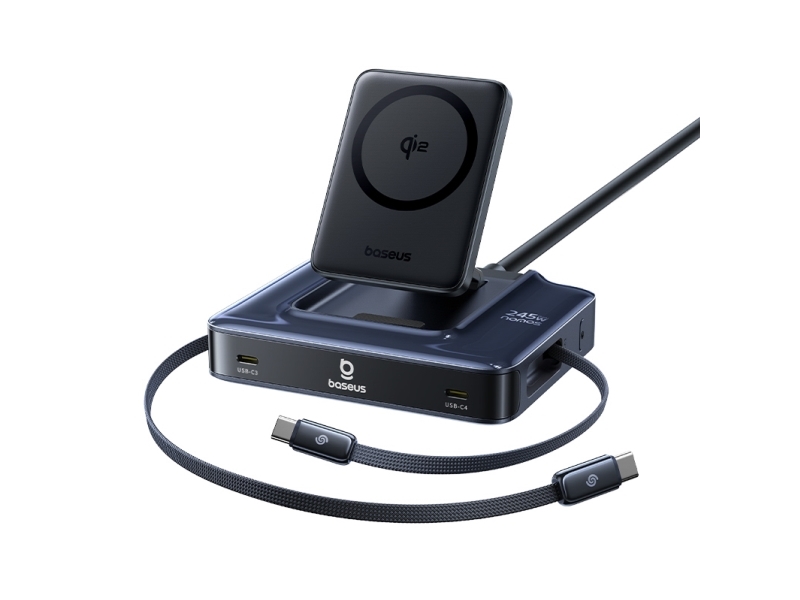 Baseus Nomos Nh21 6-I-1 Trådløs Ladestation Med To Rullede Usb-C Kabler - Sort 245W