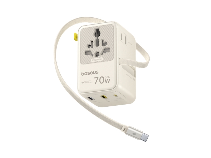 Baseus Reiseadapter Baseus Enercore Cg11 70W 6-In-1 Mit Aufrollbarem Kabel Usb-C - Weiß