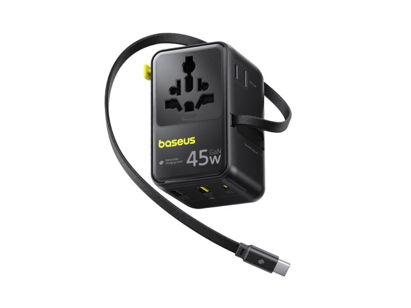 Baseus Picogo Rejseadapter 45W 6-I-1 Med Usb-C Kabel Der Kan Rulles Op - Sort