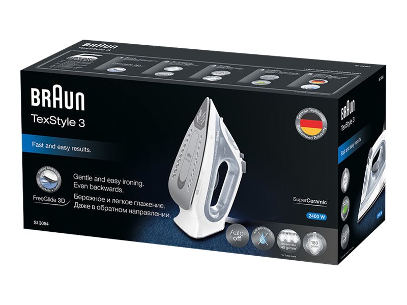 Braun TexStyle 3 SI 3054 GY - Dampstrygejern med automatisk afbrydelse - såleplade: FreeGlide 3D SuperCeramic - 2400 W - grå