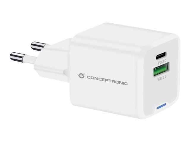 Conceptronic 2-Port 20W Gan Usb-Pd-Ladegerät, Usb-C X 1, Usb-A X 1, Qc 3.0, Pps, Drinnen, Ac, 12 V, Weiß