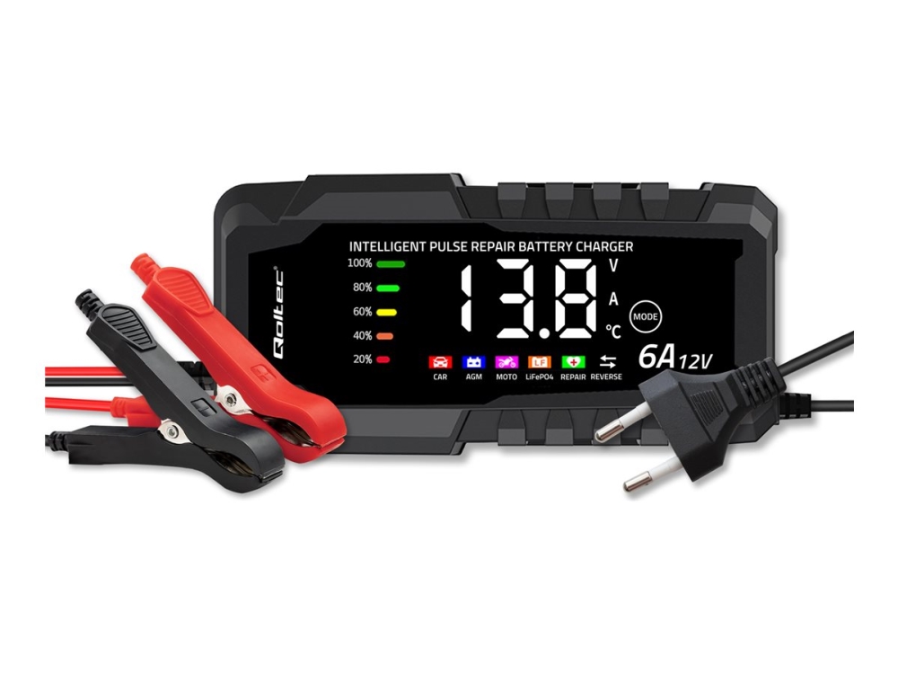 Qoltec Intelligent - Batterioplader - 12V, ensretter med reparationsfunktion til AGM GEL LiFePO4 batteri, LCD - AC 220-240 V - output-stikforbindelser: 2 - grå, sort