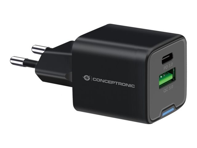 Conceptronic 2-Port 20W Gan Usb-Pd-Ladegerät, Usb-C X 1, Usb-A X 1, Qc 3.0, Pps, Drinnen, Ac, 12 V, Schwarz