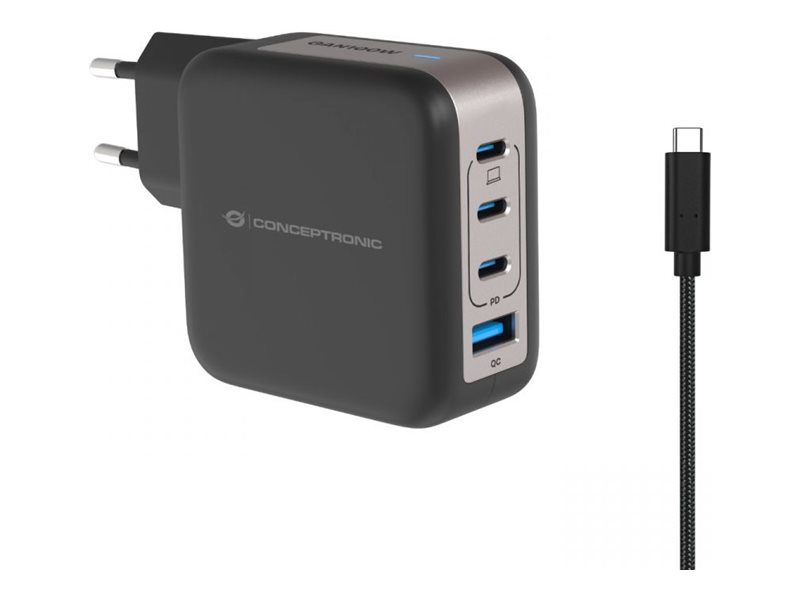 Conceptronic - Strømforsyningsadapter - Gan - 100 Watt - 5 A - Qc 3.0, Power Delivery 3.0 + Pps - 4 Output-Stikforbindelser (3 X Usb-C, Usb) - På Kab