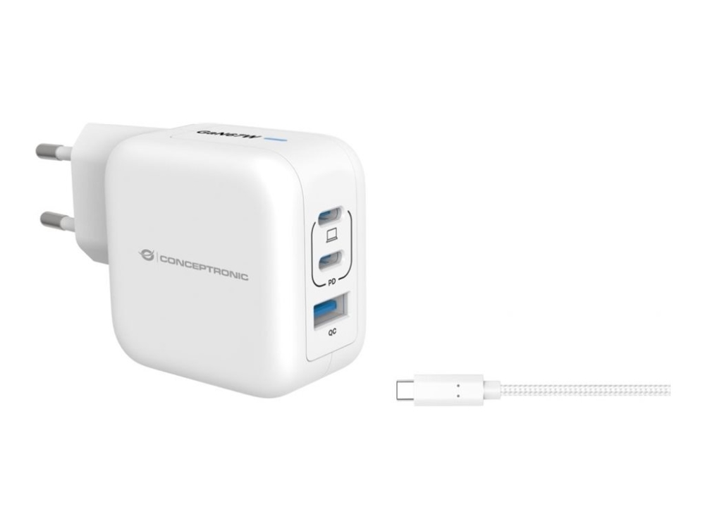Conceptronic 3-Port 67W Gan Usb-Pd-Ladegerät Mit Usb-C-Ladekabel, Usb-C X 2, Usb-A X 1, Qc 3.0, Pps, Drinnen, Ac, 20 V, 1,5 M, Weiß
