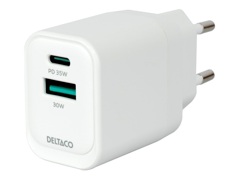 Deltaco - Strømforsyningsadapter - Gan - 35 Watt - Pd/Pps - 2 Output-Stikforbindelser (Usb, Usb-C) - Hvid