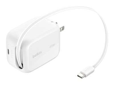 Belkin Ultracharge - Strømforsyningsadapter - Tilbagetrækbar Gan - 45 Watt - Fast Charge - 2 Output-Stikforbindelser (Usb-C) - Hvid