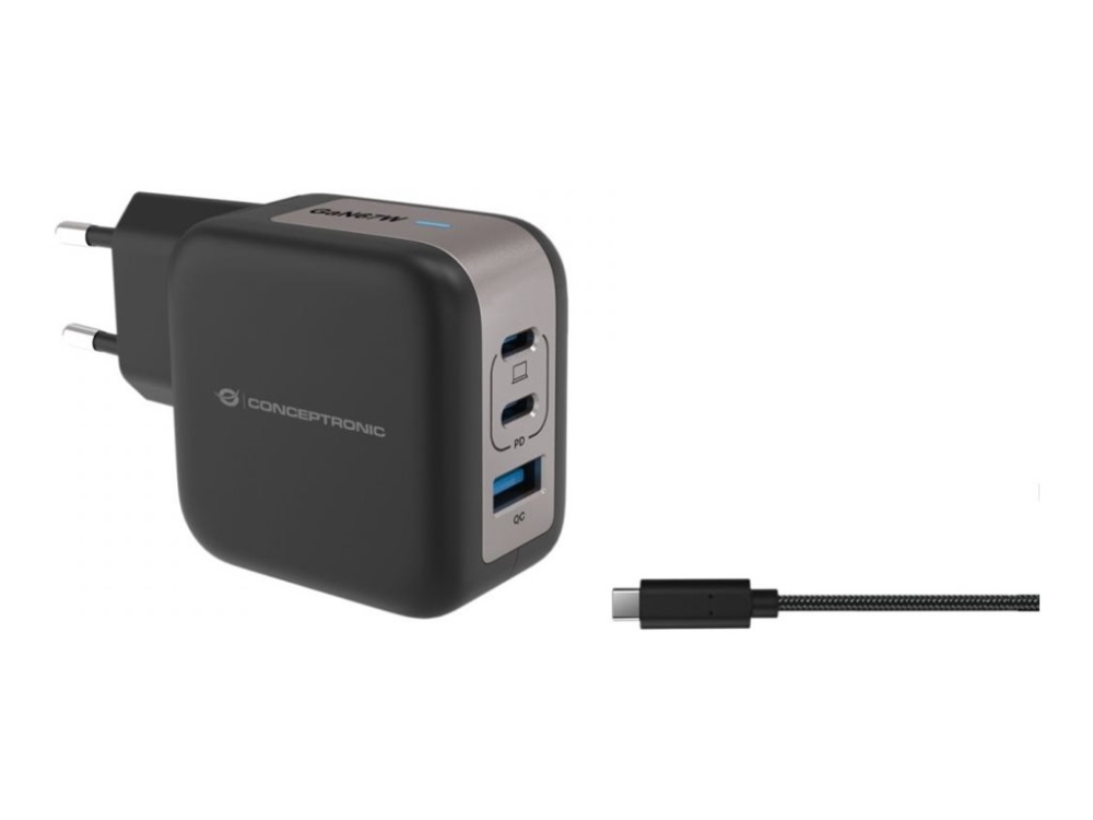 Conceptronic 3-Port 67W Gan Usb-Pd-Ladegerät Mit Usb-C-Ladekabel, Usb-C X 2, Usb-A X 1, Qc 3.0, Pps, Drinnen, Ac, 20 V, 1,5 M, Schwarz
