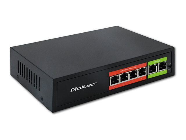 Qoltec Fast Ethernet Poe Switch Switch | 4X Rj45 | 2X Rj45 Uplink | 65W | 10/100Mbps