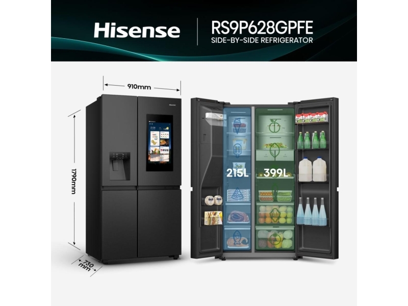 Hisense Side-by-side - RS9P628GPFE CR, Fritstående, Amerikansk dør, Grå, Berøring, LCD, På døren