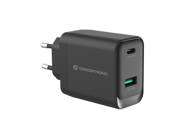 Conceptronic Althea20b45 2-Port 45W Gan Usb-Pd-Ladegerät, Usb-C X 1, Usb-A X 1, Qc 3.0, Pps, Drinnen, Ac, 20 V, Schwarz