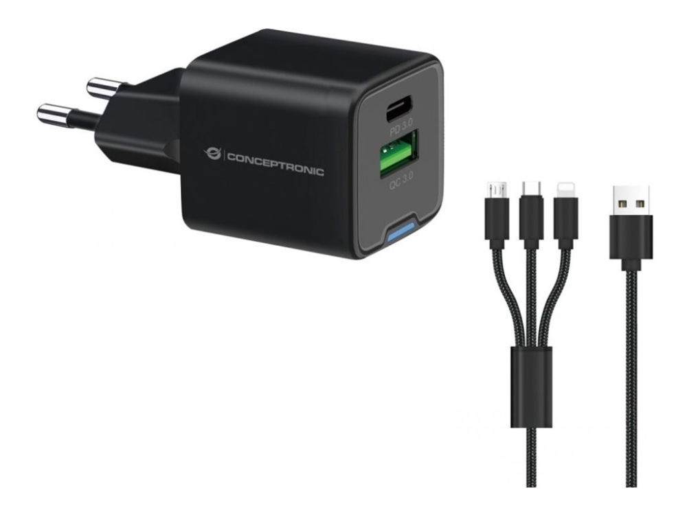 Conceptronic 2-Port 33W Gan Usb-Pd-Ladegerät Mit 3-In-1-Ladekabel, Usb-C X 1, Usb-A X 1, Qc 3.0, Pps, Drinnen, Ac, 20 V, 1,5 M, Schwarz