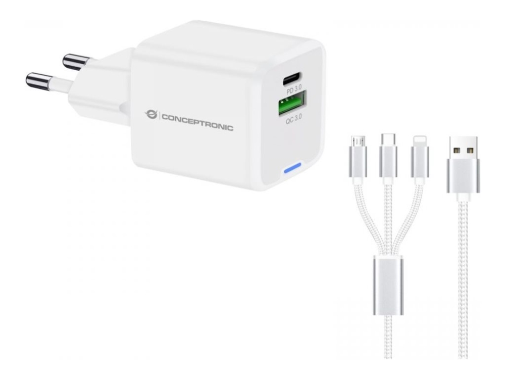 Conceptronic 2-Port 33W Gan Usb-Pd-Ladegerät Mit 3-In-1-Ladekabel, Usb-C X 1, Usb-A X 1, Qc 3.0, Pps, Drinnen, Ac, 20 V, 1,5 M, Weiß