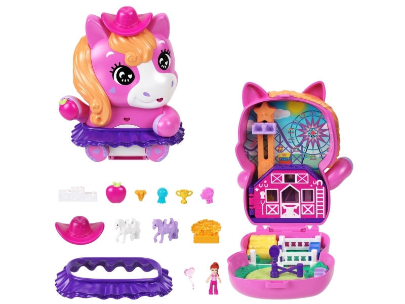 Polly Pocket Pony-Rodeo, Spielset mit 1 kleinen Puppe und Pferdchen, Spielzeug für unterwegs mit Zubehör für Mode und