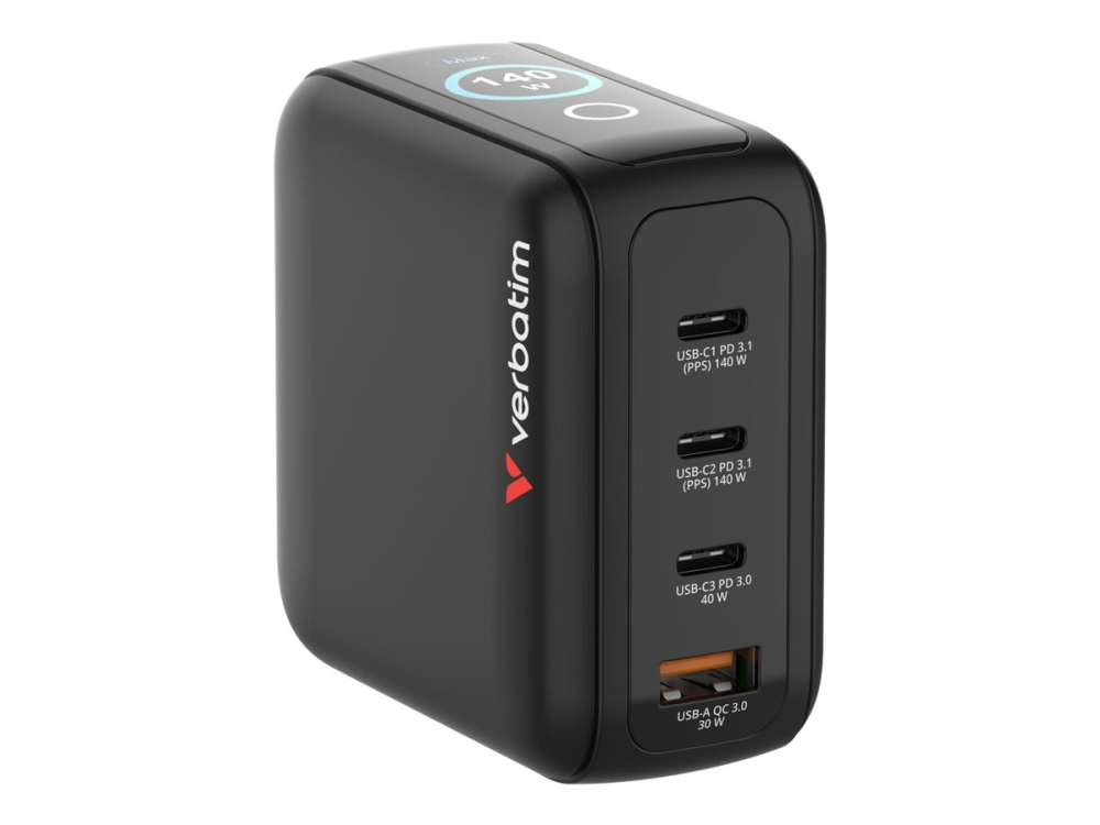 Verbatim - Strømforsyningsadapter - Mini, Gan, With Display - 140 Watt - Power Delivery 3.0 + Pps, Qc 3.0 - 4 Output-Stikforbindelser (3 X Usb-C, Usb