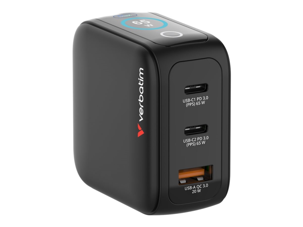 Verbatim - Strømforsyningsadapter - Mini, Gan, With Display - 65 Watt - Power Delivery 3.0 + Pps, Qc 3.0 - 3 Output-Stikforbindelser (2 X Usb-C, Usb