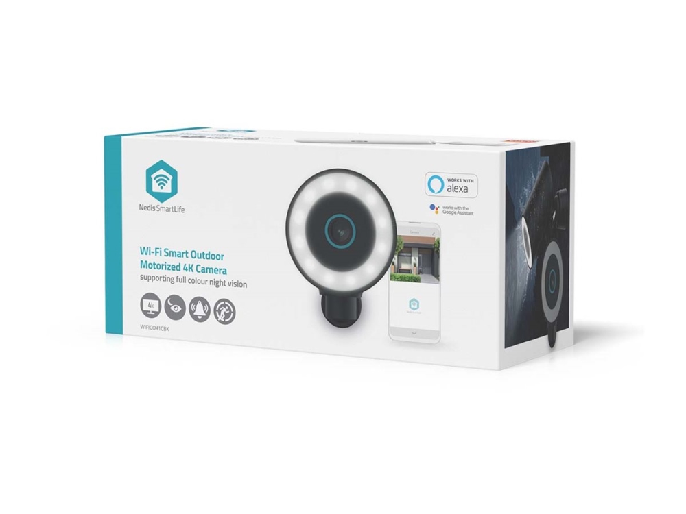 Nedis - Spotlight | 4K / 3840x2160 | IP65 | Cloud Storage (mulighed) / microSD (ikke inkluderet) / Onvif | 5 V DC | Med bevægelsessensor | Nattesyn | Sort