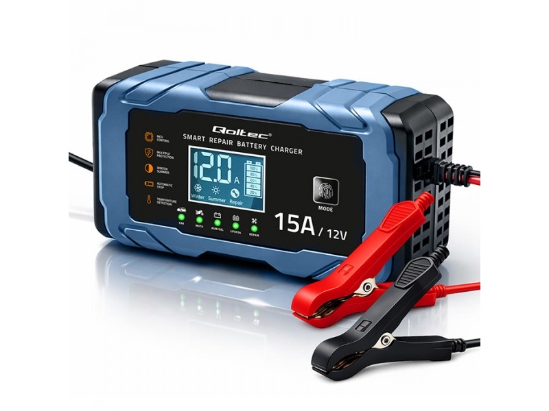 Qoltec intelligent mikroprocessorbaseret oplader 12V 15A | Ensretter med reparationsfunktion | AGM GEL LiFePO4 | 9-trins opladning